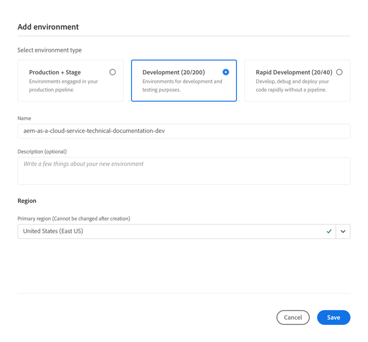 Add environment dialog