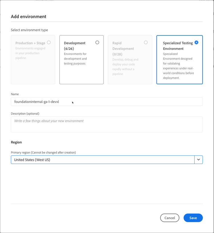 Add environment dialog box with Specialized Testing Environment radio button selected