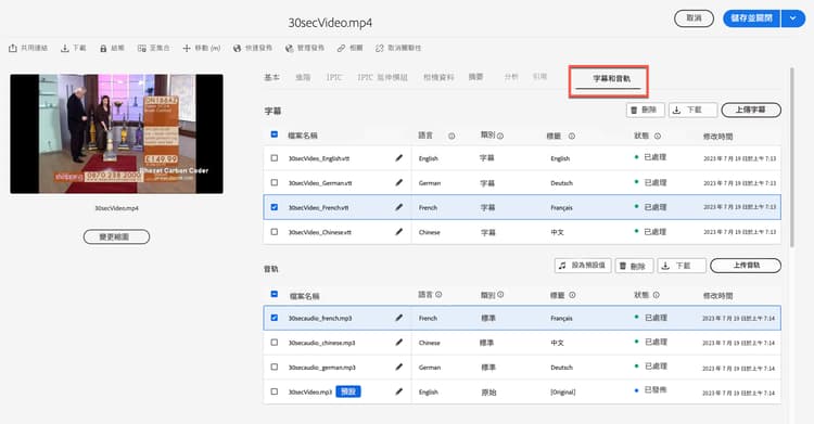 所選影片資產「屬性」頁面上的「字幕和音訊」標籤。