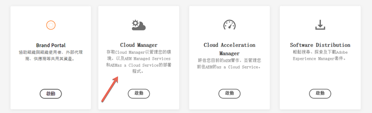 Cloud Manager的四個區域 — Brand Portal、Cloud Manager、Cloud Acceleration Manager和Software Distribution — 每個區域都會顯示自己的Launch按鈕。
