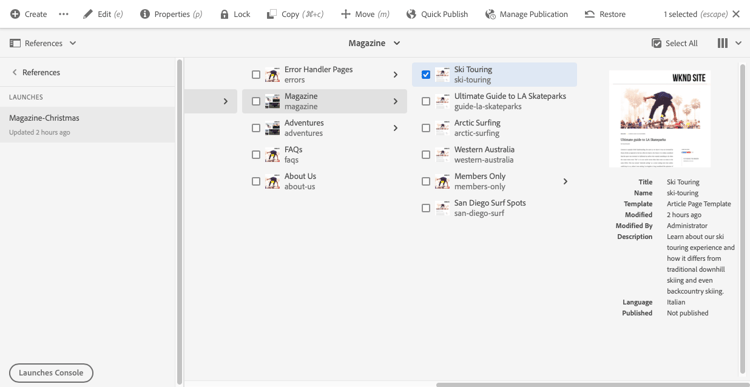 網站主控台中的啟動參考
