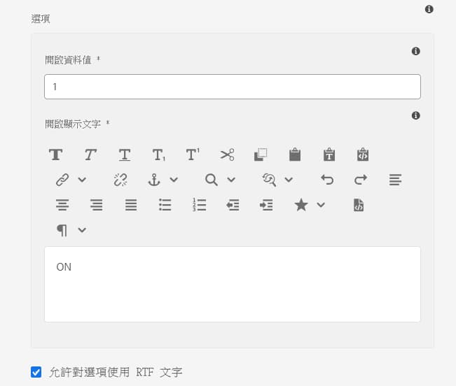 支援選項使用 RTF 文字