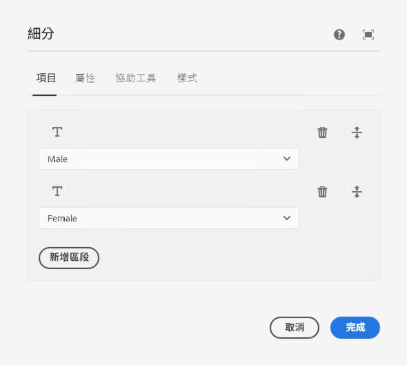 電子郵件細分元件的設定對話框項目索引標籤