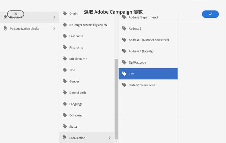 已選取 Adobe Campaign 變數