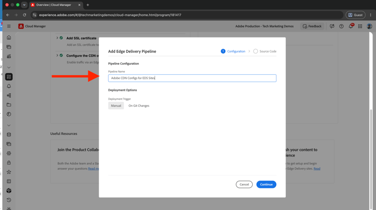 新增Edge Delivery管道對話方塊