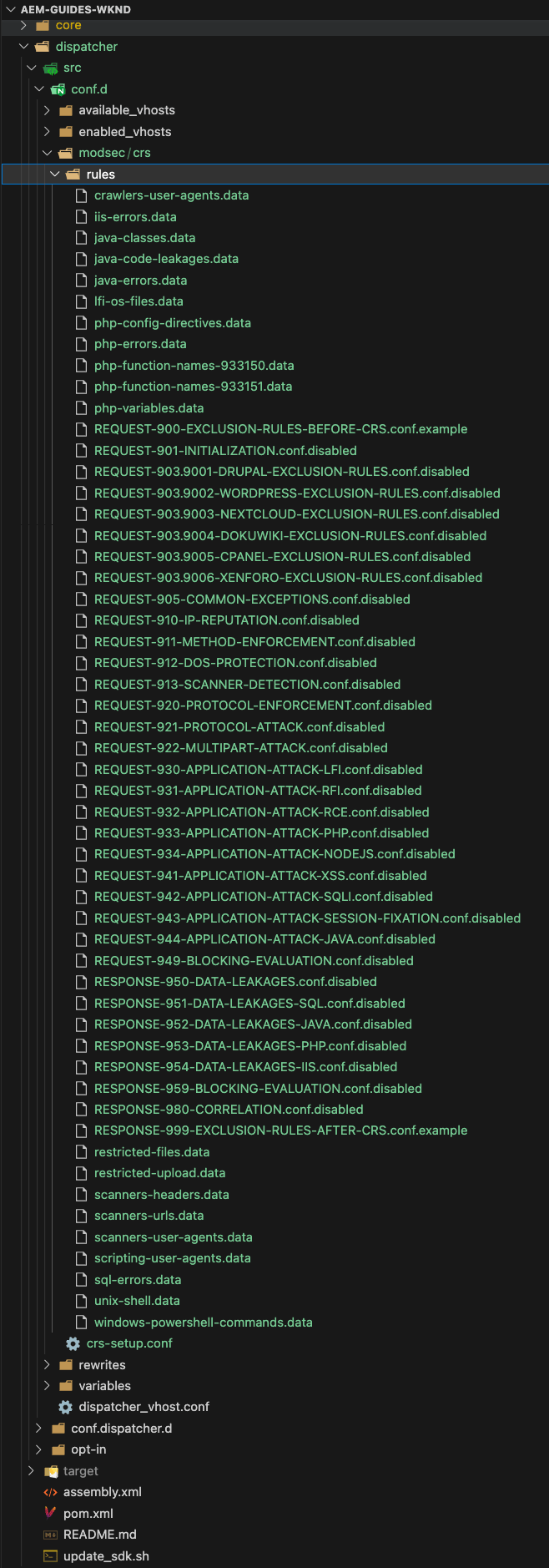 已停用AEM專案程式碼中的CRS規則 — ModSecurity