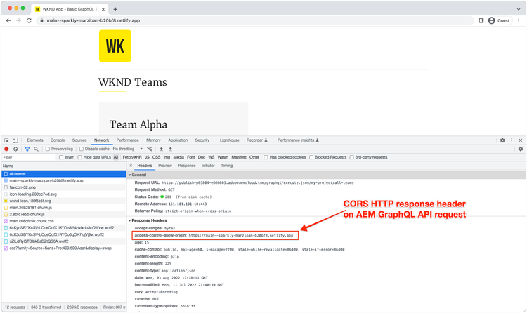 CORS回應標題AEM GraphQL API