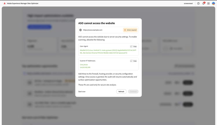 上線對話方塊指出Sites Optimizer無法存取網站，列出允許清單的使用者代理程式和掃描器IP位址，每個位址都有「複製」按鈕，以及「重新整理」按鈕以重新檢查存取權