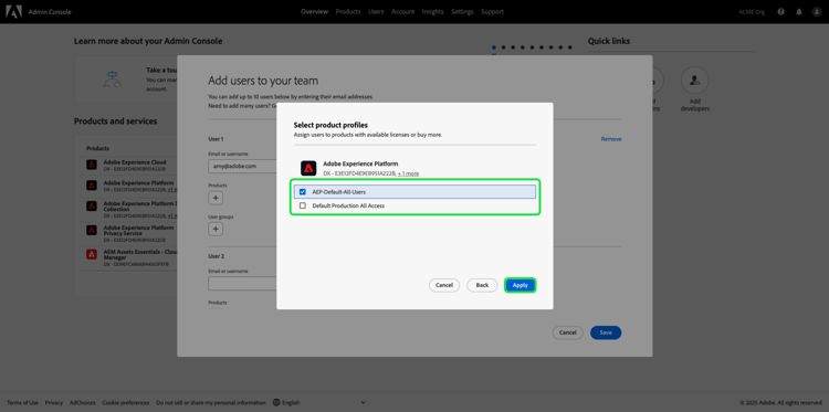 已選取並套用AEP-Default-All-Users的「選取產品設定檔」對話方塊反白顯示。