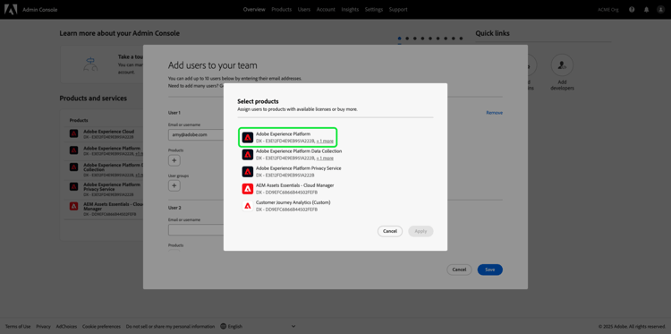 反白顯示Adobe Experience Platform的選取產品對話方塊。