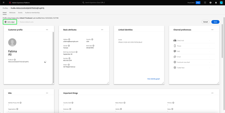 設定檔 詳細資料 工作區，使用 新增Widget 反白顯示。