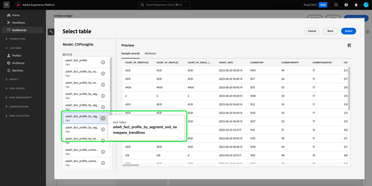 反白顯示「adwh_fact_profile_by_segment_and_namespace_trendlines」表格的「選取表格」對話方塊。