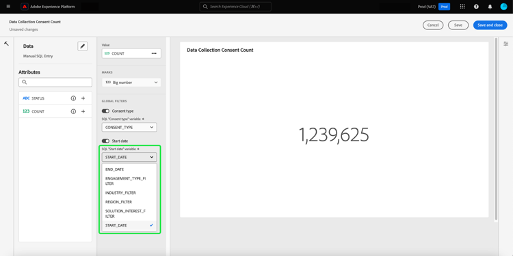 醒目提示Start_date下拉式功能表的Widget Composer。