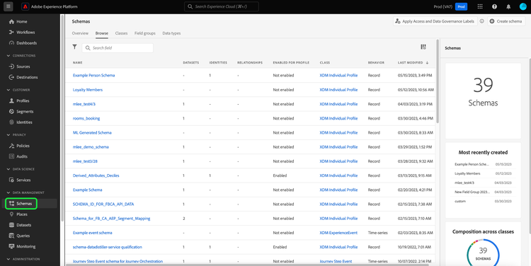 反白顯示Schema索引標籤的Adobe Experience Platform UI。