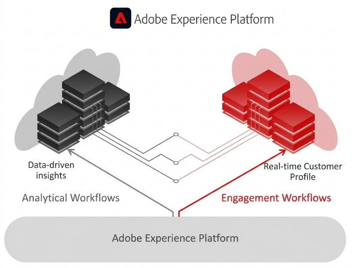 圖表顯示Adobe Experience Platform分成兩個工作流程：產生資料導向深入分析的分析工作流程，以及由即時客戶設定檔提供支援的參與工作流程。