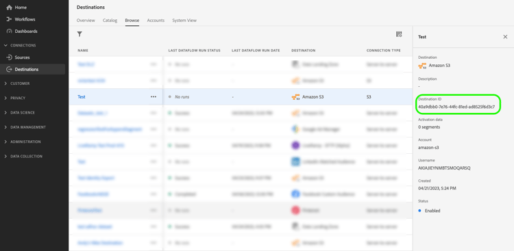 使用Experience Platform UI取得目的地ID