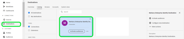 Experience Platform目的地目錄中反白顯示的Merkury Enterprise身分識別目的地卡。