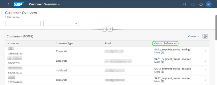 SAP訂閱帳單影像，顯示客戶概觀頁面，其欄標題顯示對象名稱和儲存格對象狀態