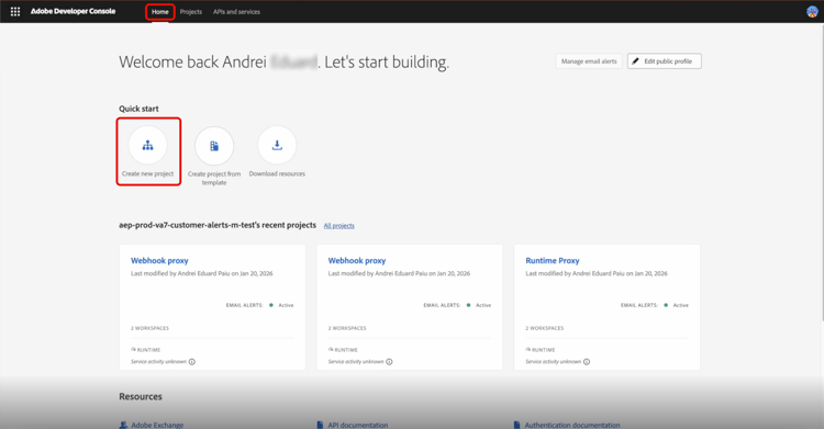 Developer Console醒目提示[首頁]索引標籤和[從範本建立專案]。