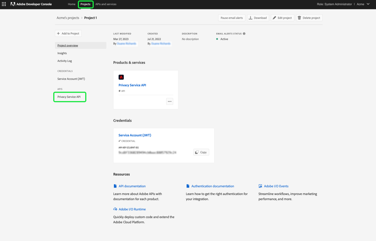 Adobe Developer Console 的專案索引標籤並反白顯示專案和 Privacy Service API。