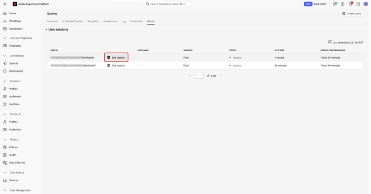 工作階段管理資料表顯示非使用中工作階段，並反白標示結束工作階段。