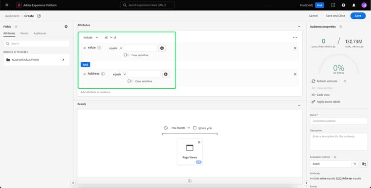 在Segment Builder畫布上反白顯示PartnerID計算屬性和個人電子郵件地址屬性。