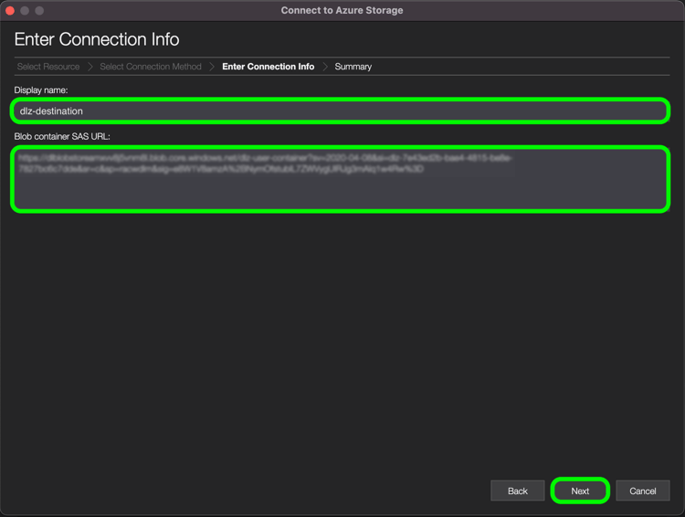 輸入顯示名稱和SAS URL的Azure Explorer上的連線資訊工作區。