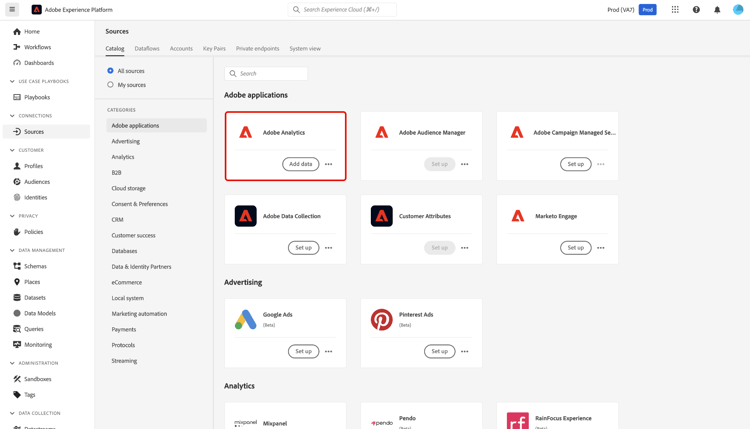 已選取Adobe Analytics來源卡的來源目錄。