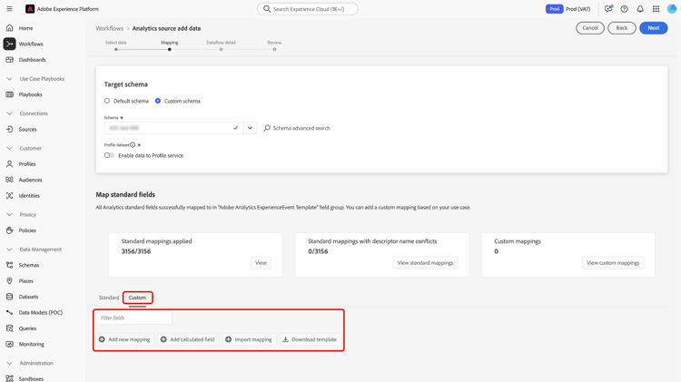 Analytics來源工作流程中的自訂對應標籤。
