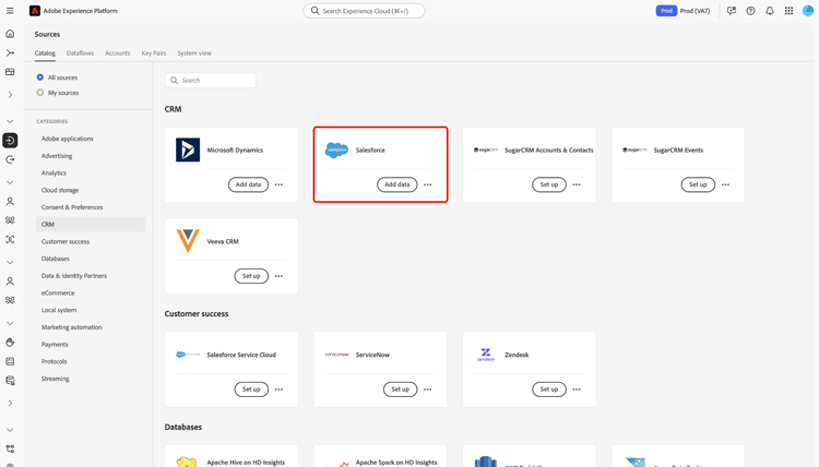 已選取Salesforce來源卡的Experience Platform UI上的來源目錄。