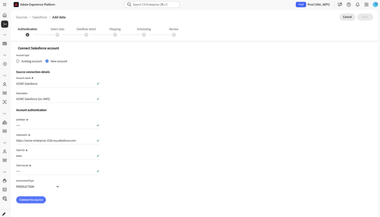 Experience Platform中的Salesforce AWS驗證步驟，顯示jwtToken、instanceUrl、使用者端ID、使用者端密碼的欄位，以及environmentType下拉式清單設定為「生產」。
