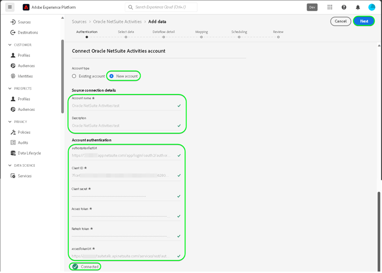 Experience Platform UI熒幕擷圖可將Oracle NetSuite活動帳戶與新帳戶連線