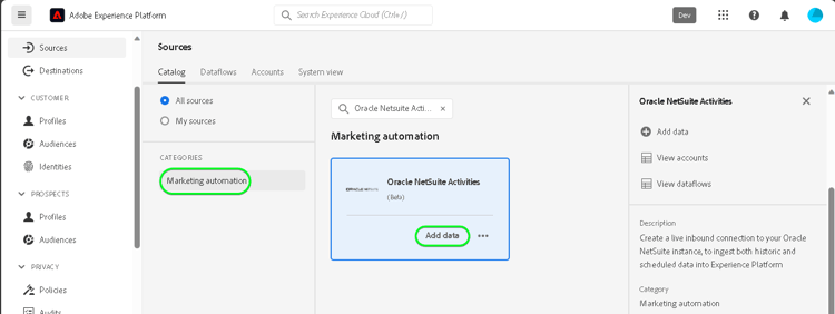 具有Experience Platform NetSuite活動卡之目錄的Oracle UI熒幕擷取畫面