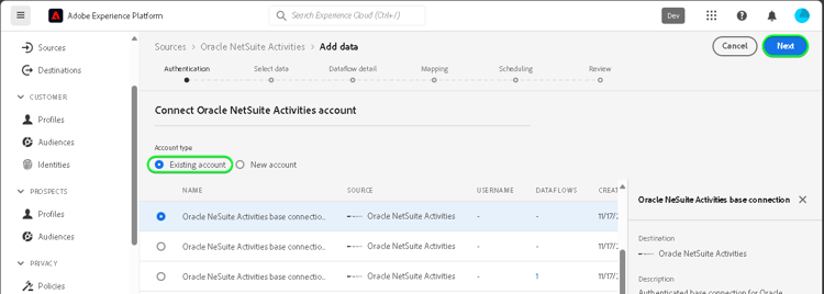 Experience Platform UI熒幕擷圖可將Oracle NetSuite活動帳戶與現有帳戶連線
