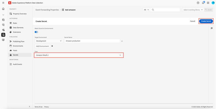 反白顯示Create Secret欄位的Type索引標籤。