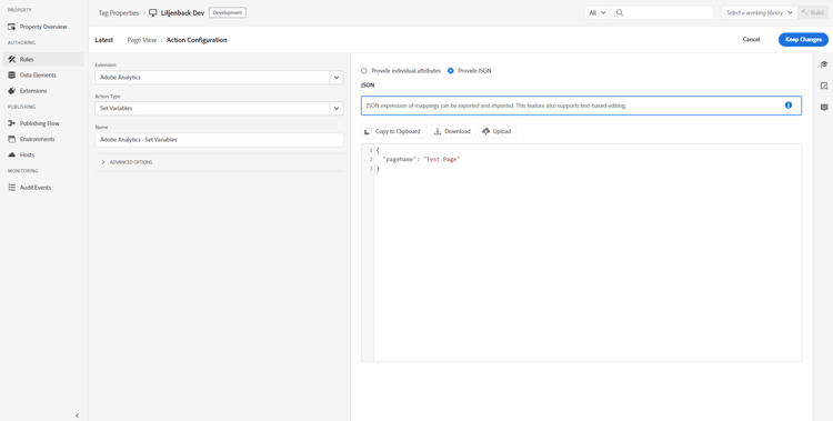 在Adobe Analytics擴充功能中，以JSON格式呈現目前集合變陣列態的檢視。