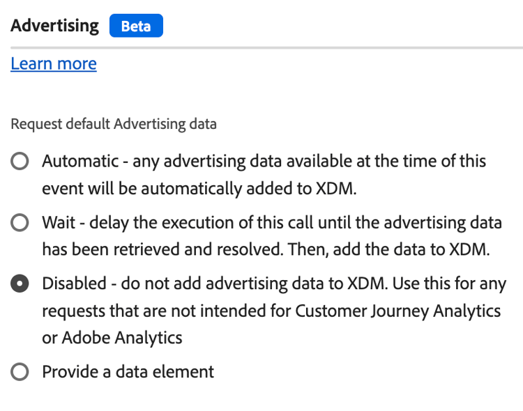 Experience Platform Tags UI影像顯示「傳送事件」動作型別的Advertising設定。