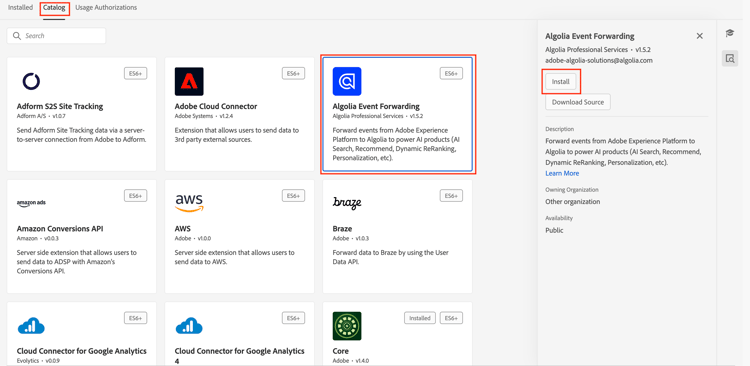 Adobe Experience Platform中Algolia Event Forwarding擴充功能的安裝程式