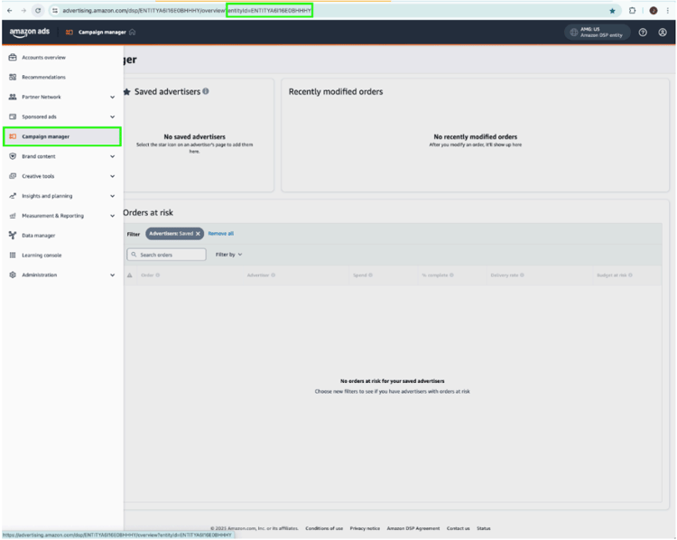反白顯示實體ID欄位的Campaign Manager入口網站介面。