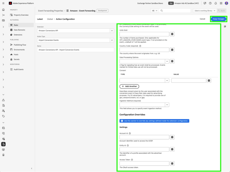 其他事件引數設定介面中反白顯示[保留變更]按鈕。
