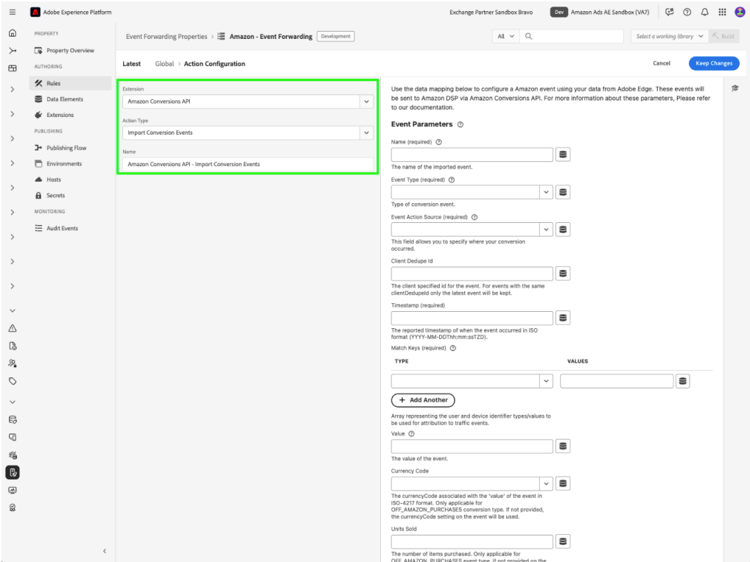 事件轉送規則組態介面，其動作型別設定為[匯入轉換事件]。