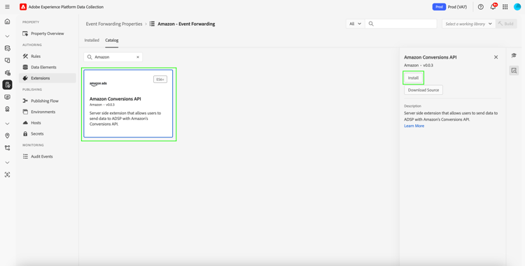 Amazon擴充功能卡會在Adobe Experience Platform擴充功能目錄中醒目提示。