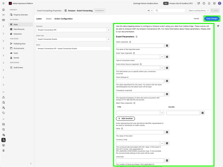 事件引數設定介面中反白顯示[保留變更]按鈕。