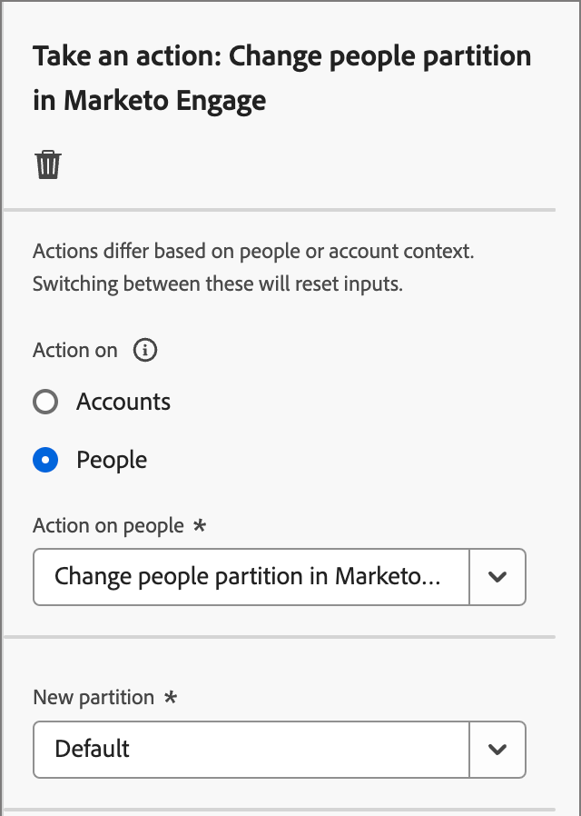 採取動作 — 變更Marketo Engage中的人員分割