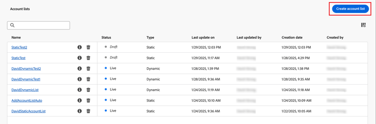 按一下[建立帳戶清單]