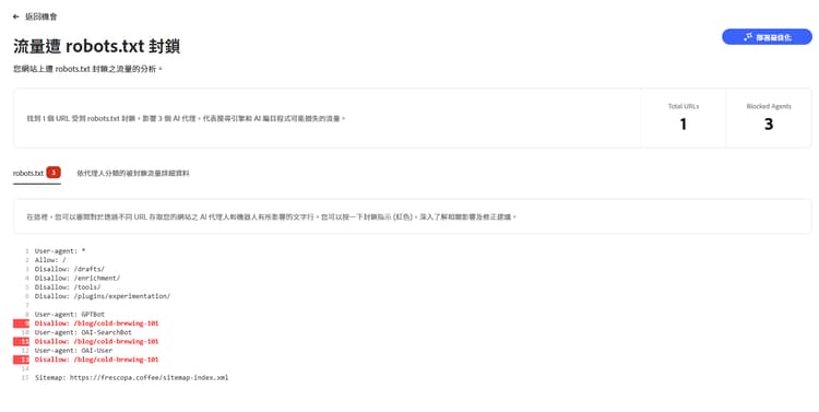 醒目標示封鎖指令的 robots.txt 視圖