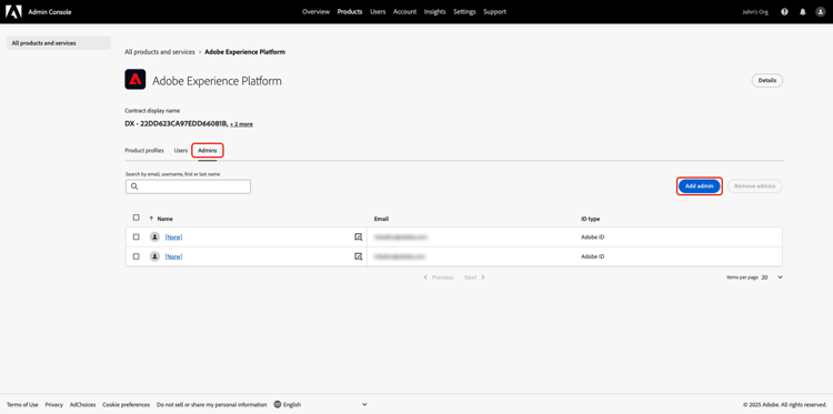 已選取[管理員]索引標籤並反白顯示[新增管理員]的Adobe Experience Platform產品儀表板。