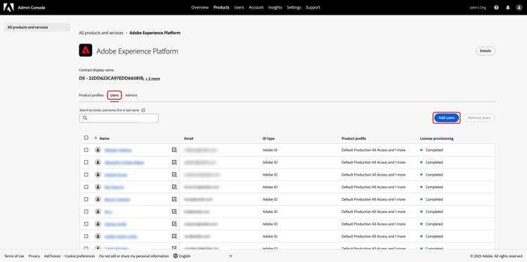 已選取[使用者]索引標籤並反白顯示[新增使用者]的Adobe Experience Platform產品儀表板。