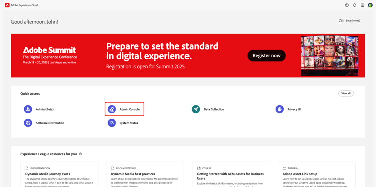 Experience Cloud的首頁檢視已反白顯示Admin Console。