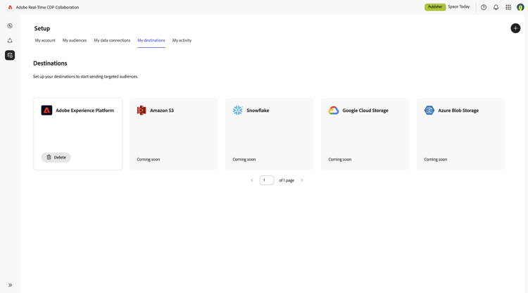 「設定」工作區中的「我的目的地」索引標籤顯示作用中的Adobe Experience Platform目的地。